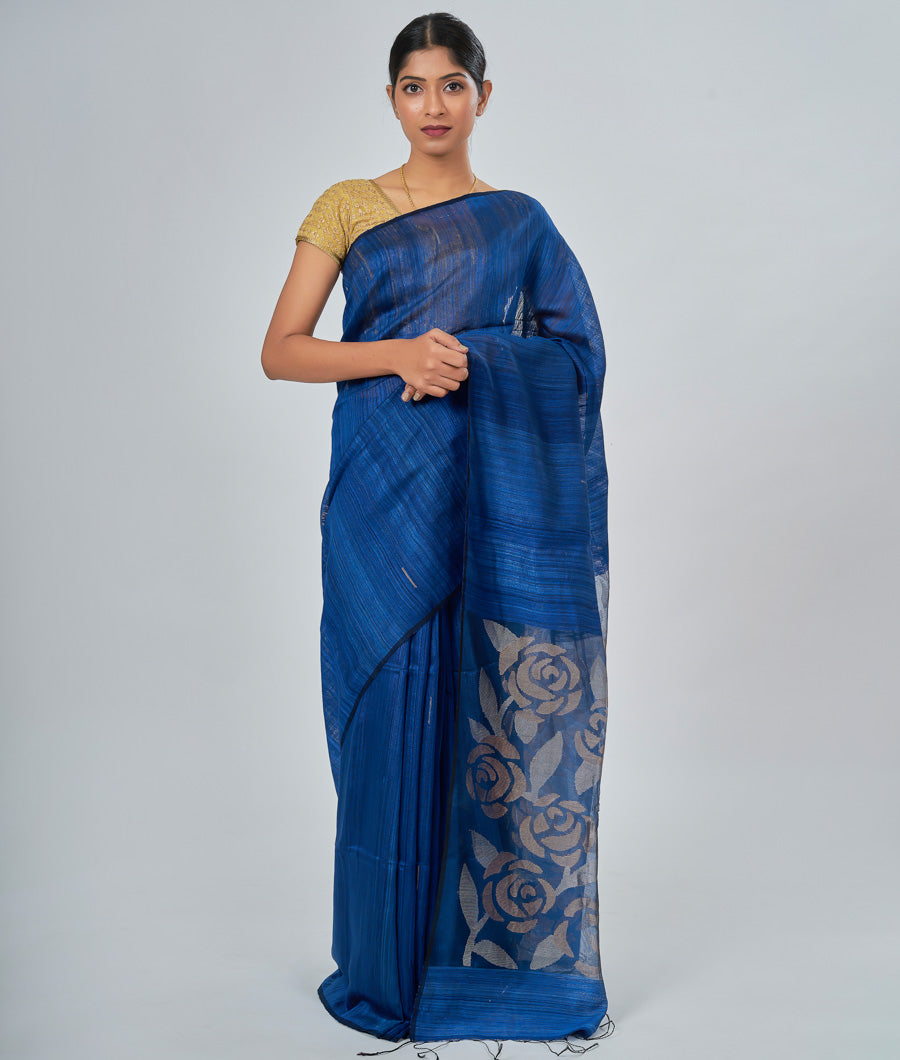 Navy Blue Silk Saree Gold And Silver - kaystore.in