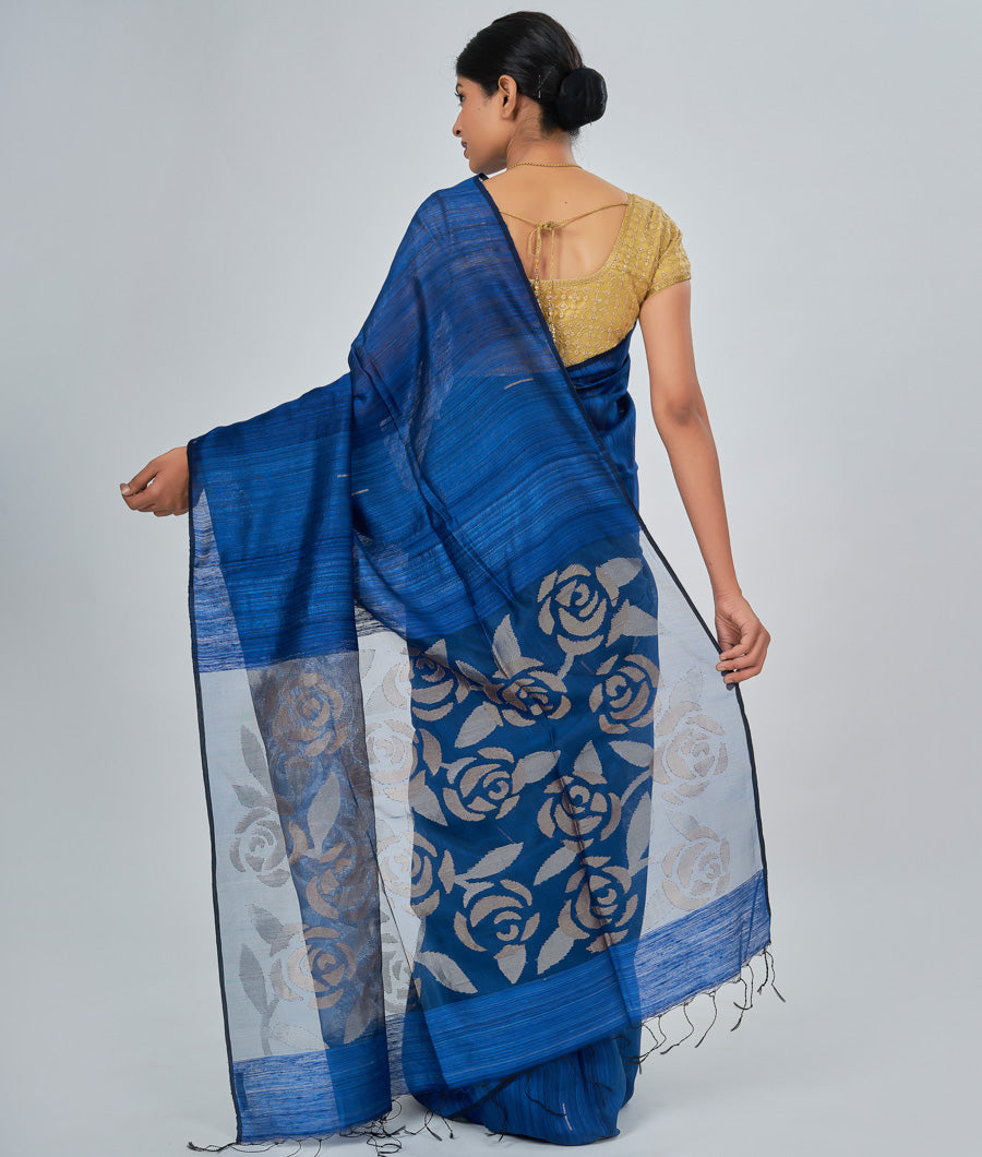 Navy Blue Silk Saree Gold And Silver - kaystore.in