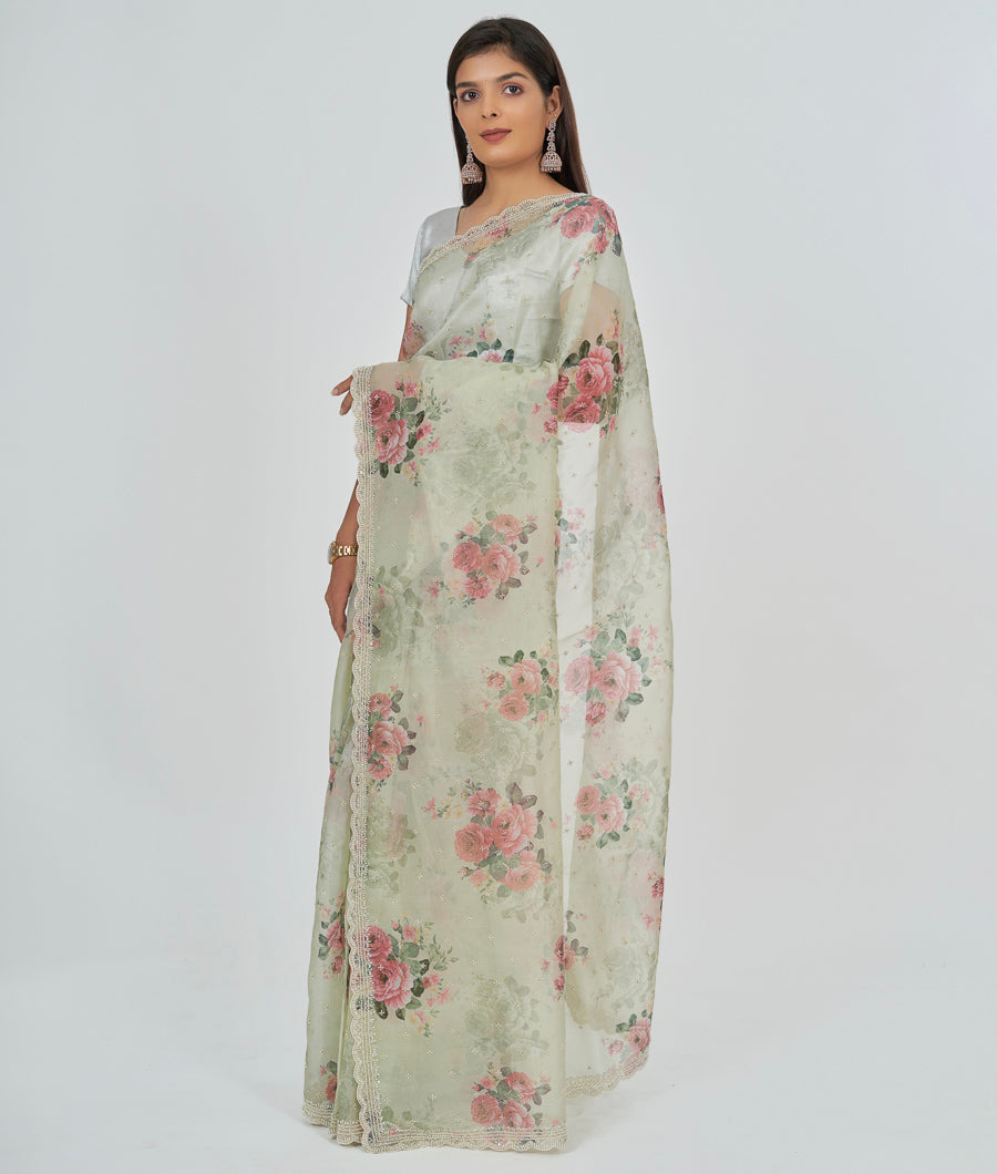 Pista Green Organza Saree Floral Print With Cutdana And Pearl Work - kaystore.in