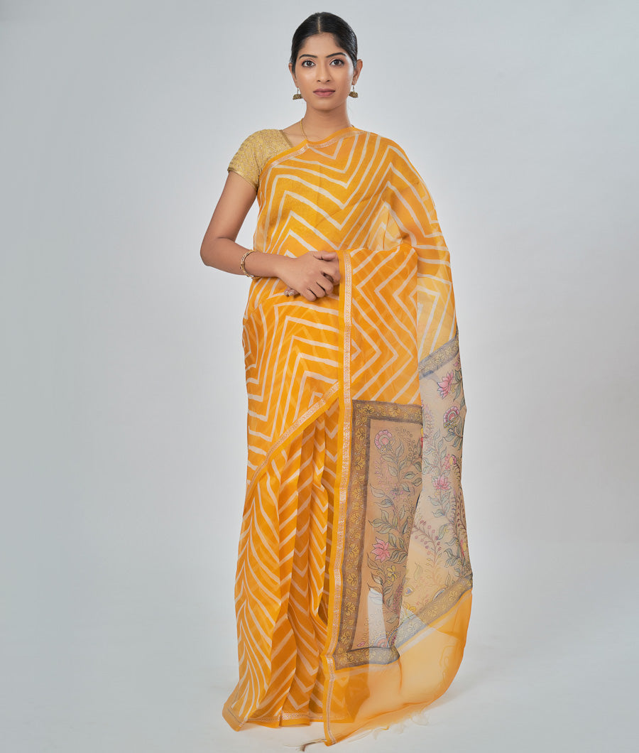 Yellow Organza Saree Laharia Print With Kalamkari Pallu - kaystore.in