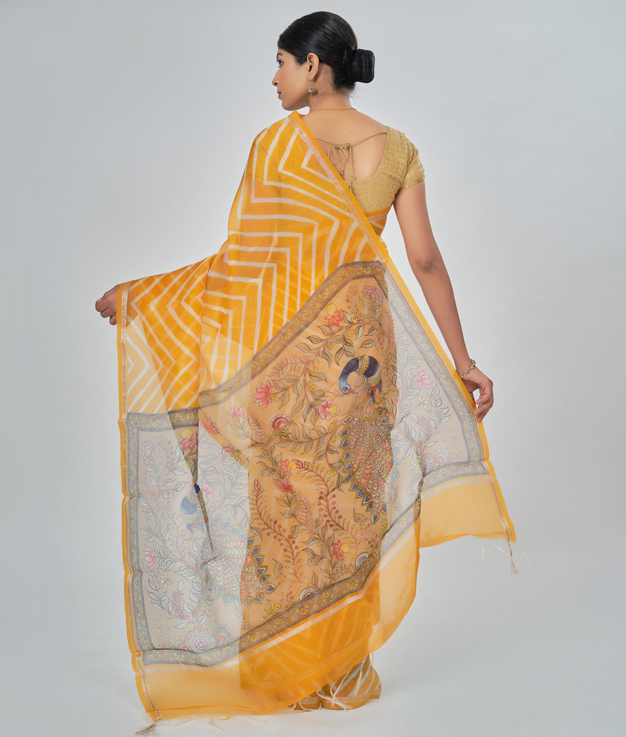 Yellow Organza Saree Laharia Print With Kalamkari Pallu - kaystore.in