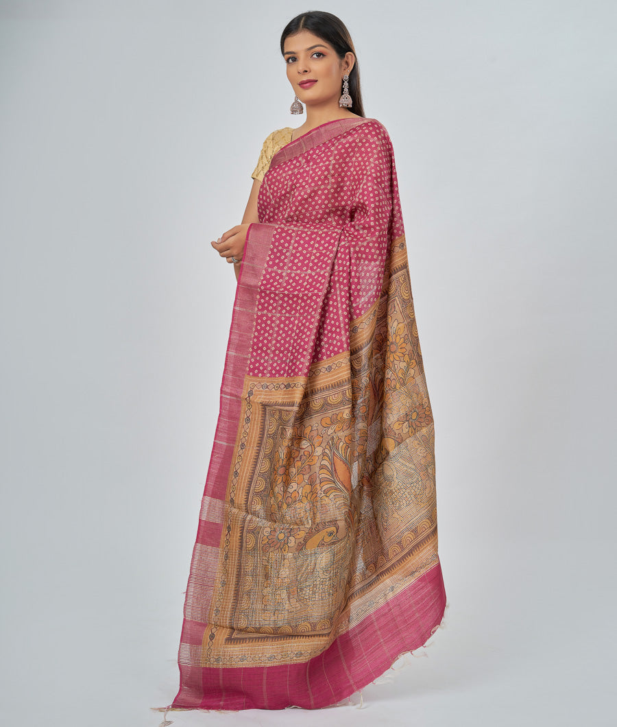 Onion Pink Tussar Saree Bandhani Print With Kalamkari Pallu - kaystore.in