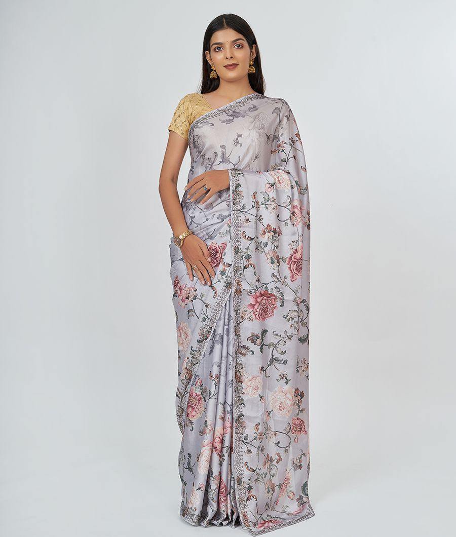 Grey Satin Saree Floral Print With Stone Work - kaystore.in