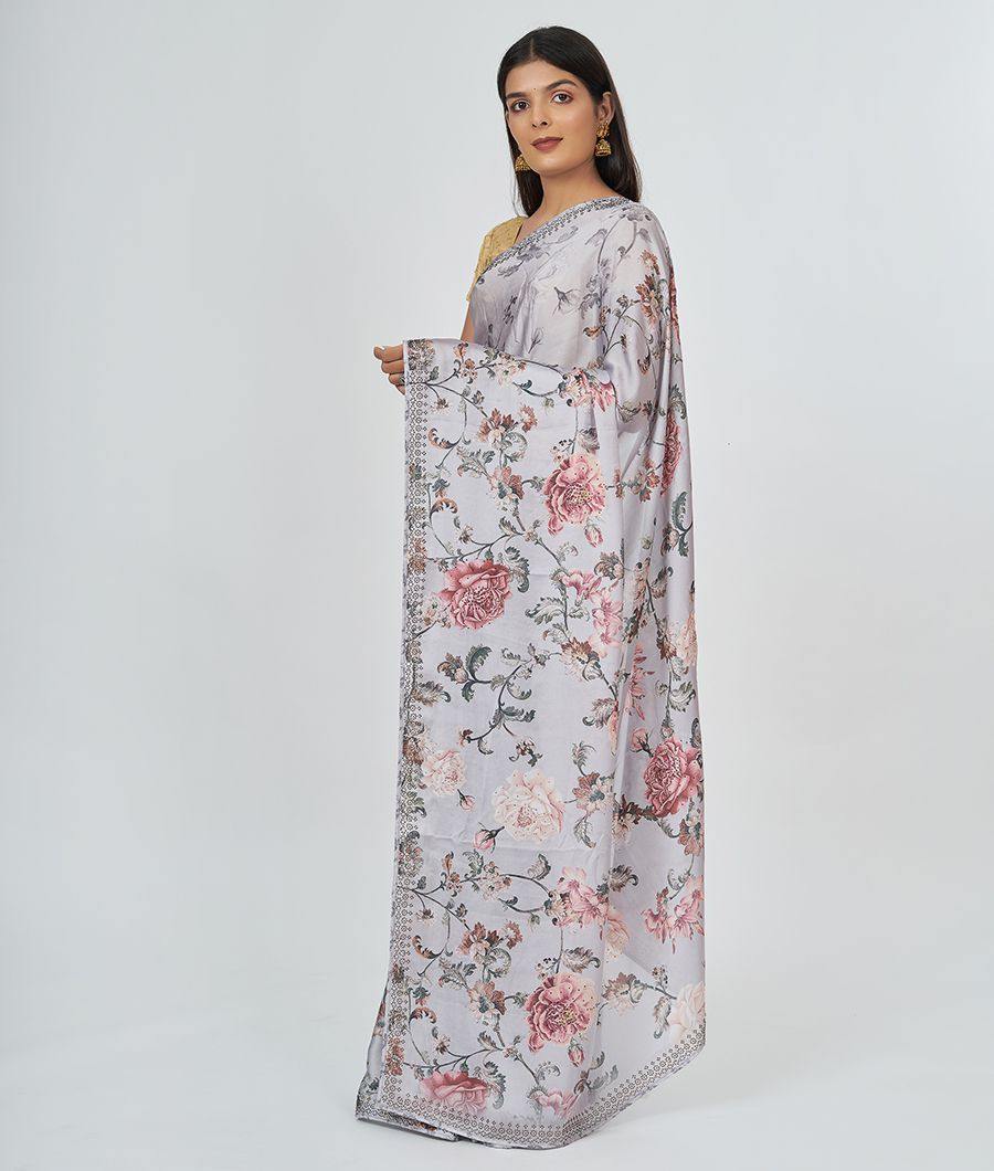 Grey Satin Saree Floral Print With Stone Work - kaystore.in
