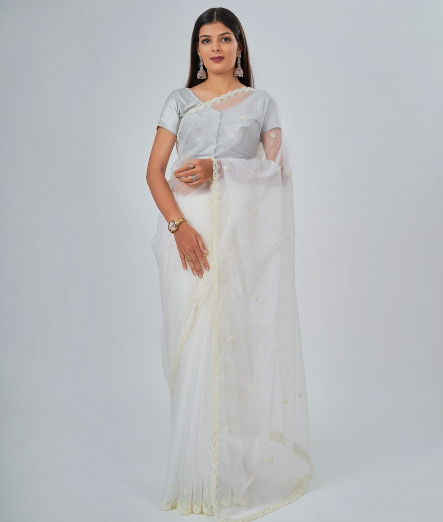Off White Organza Saree Alover Pearl Work - kaystore.in