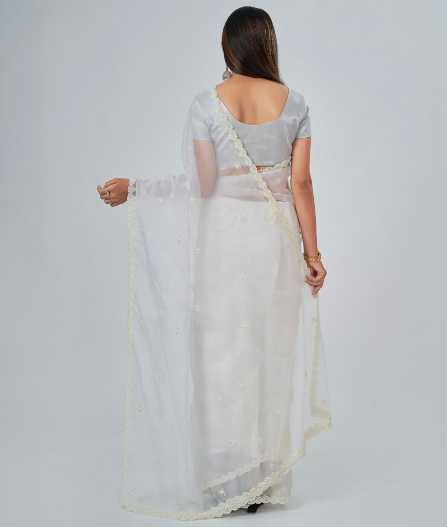 Off White Organza Saree Alover Pearl Work - kaystore.in