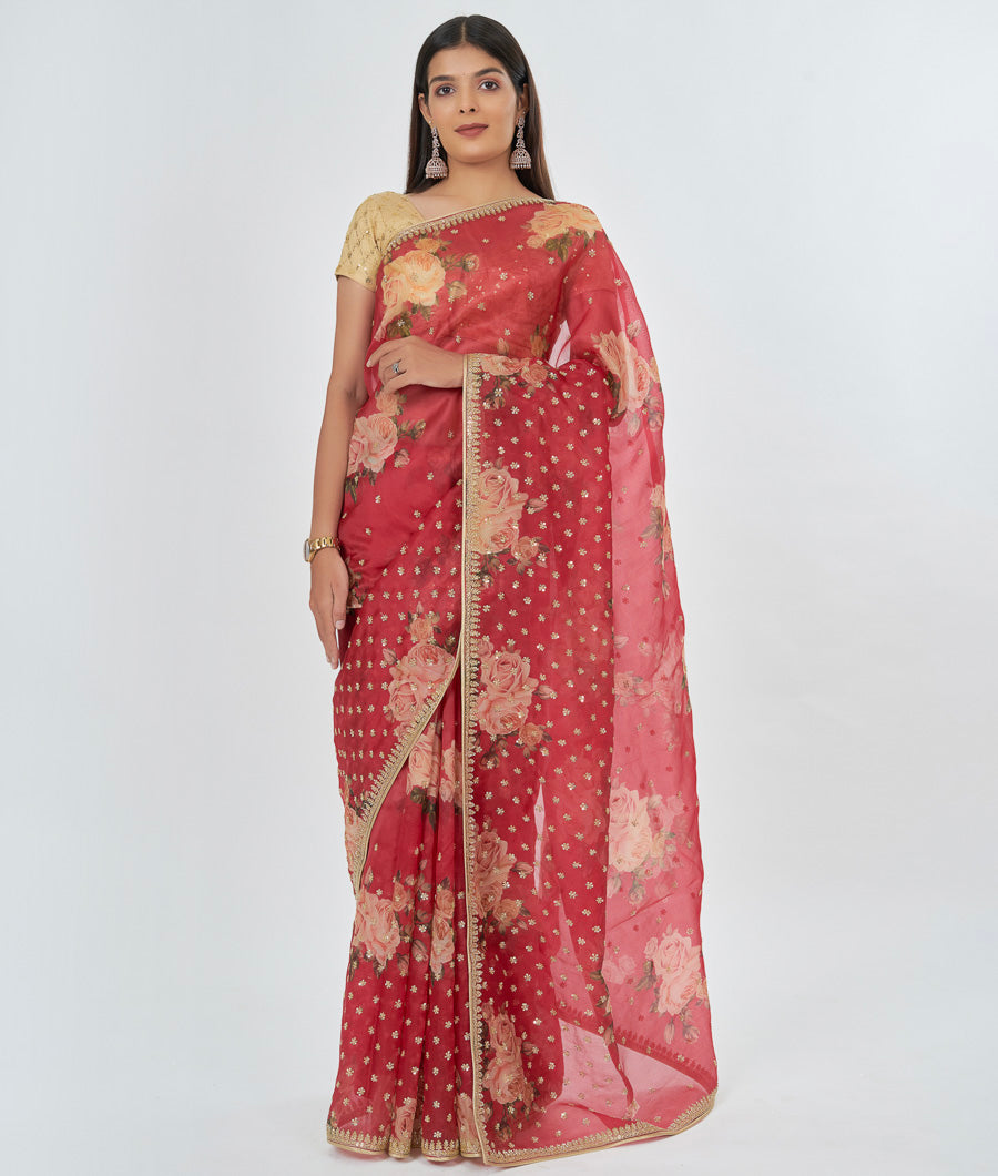 Red Organza Saree Floral Print With Sequence And Cutdana Work - kaystore.in