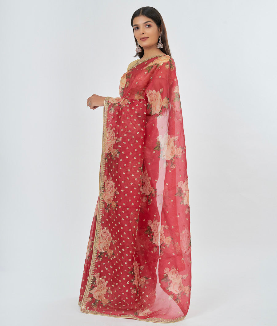 Red Organza Saree Floral Print With Sequence And Cutdana Work - kaystore.in