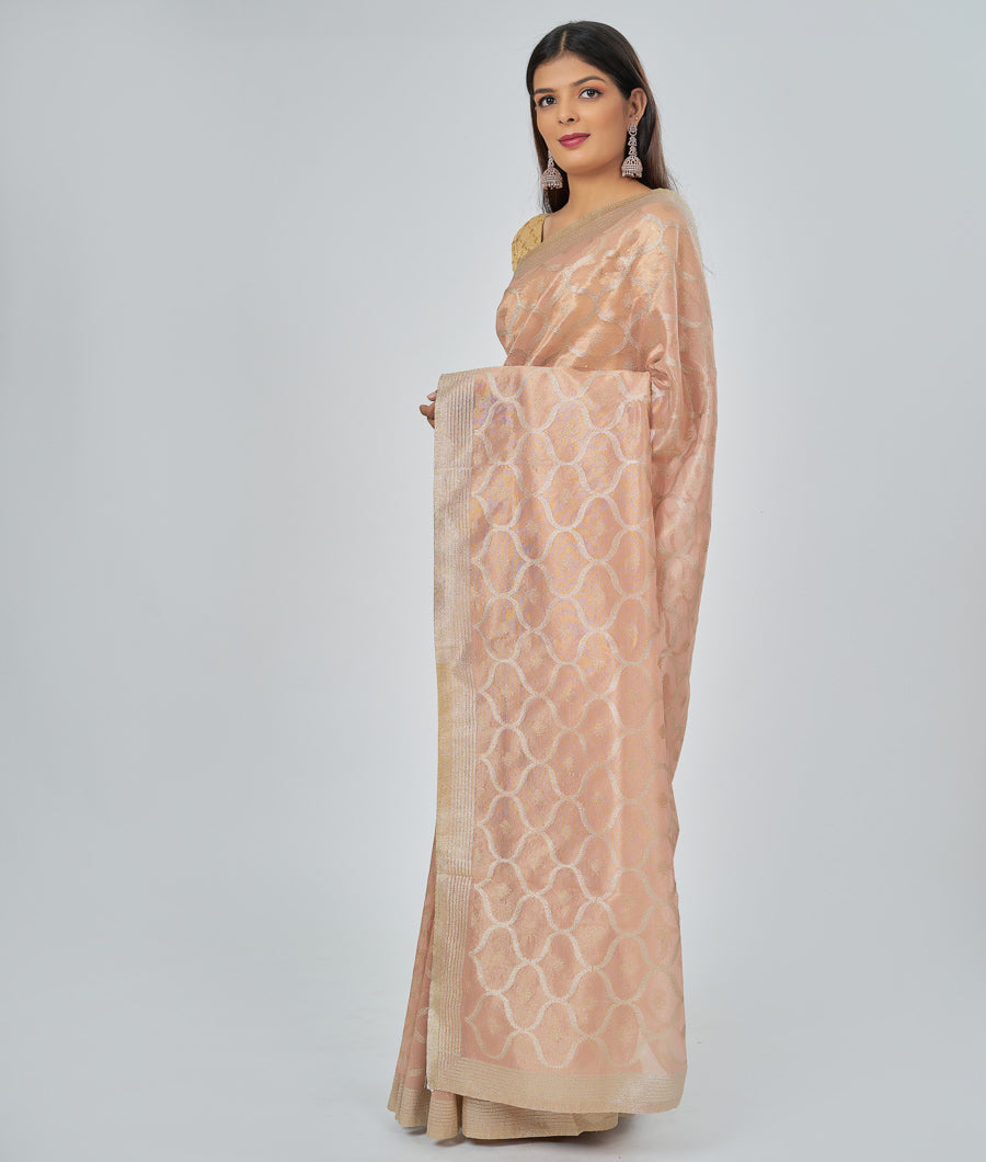 Peach Tissue Saree Alover Zari Weaving Gold Zari - kaystore.in