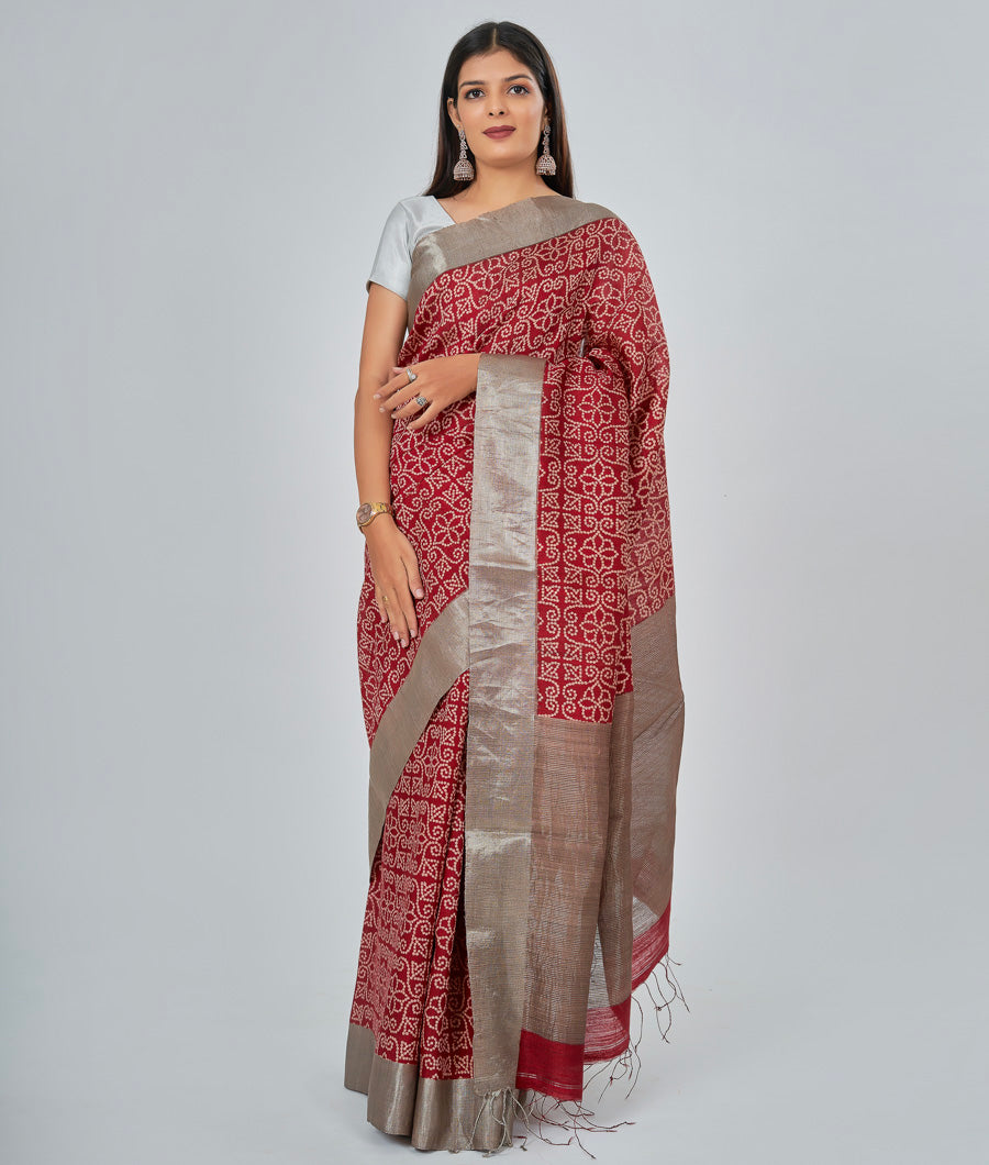Red Matka Silk Saree Alover Bandhani Print Silver Zari - kaystore.in
