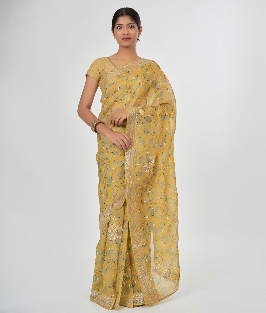 Mustard Organza Saree Floral Print With Sequence And Cutdana And Pearl Work - kaystore.in