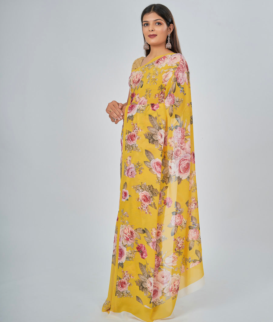 Yellow Georgette Saree Floral Print - kaystore.in