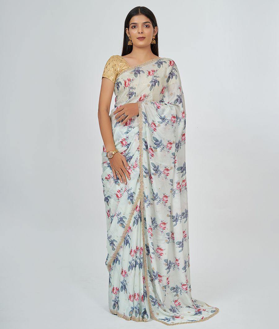 Lite Blue Crêpe Saree Floral Print With Cutdana And Pearl Work - kaystore.in