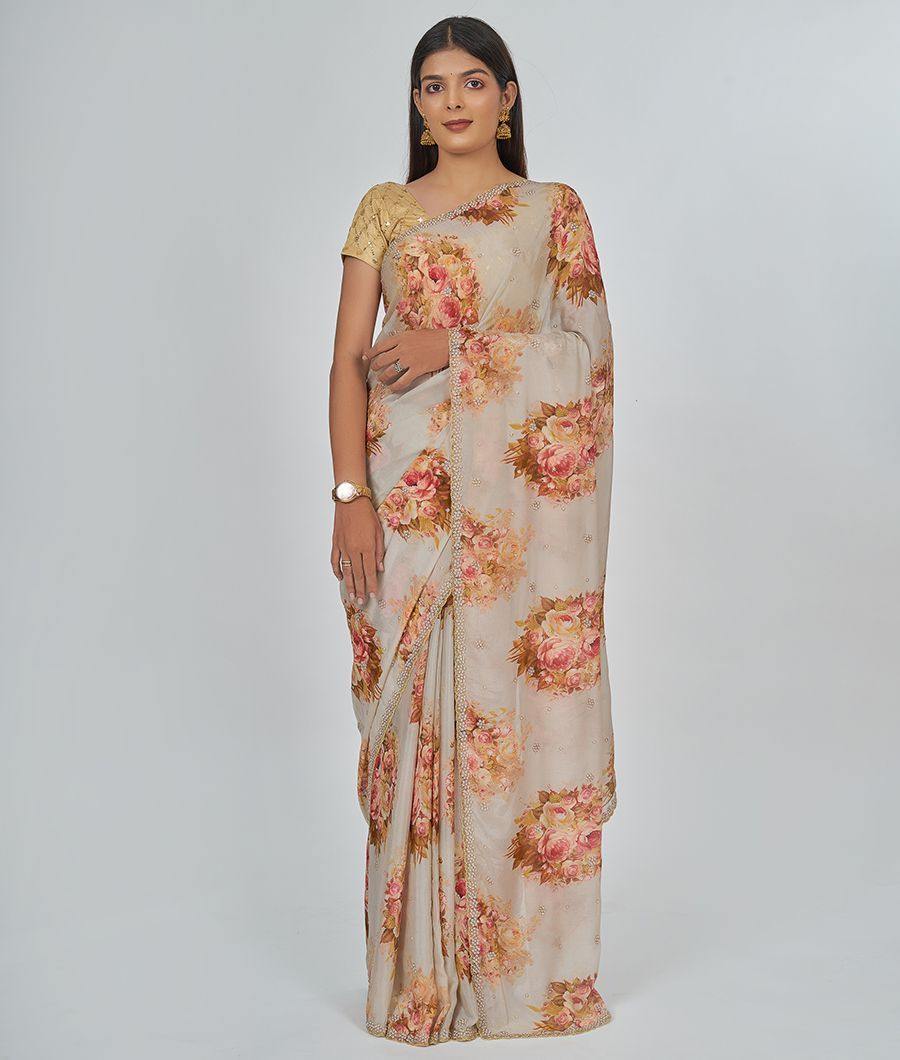 Lite Grey Crêpe Saree Floral Print With Cutdana And Pearl Work - kaystore.in