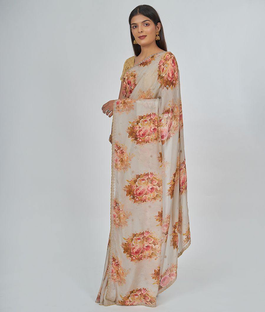 Lite Grey Crêpe Saree Floral Print With Cutdana And Pearl Work - kaystore.in