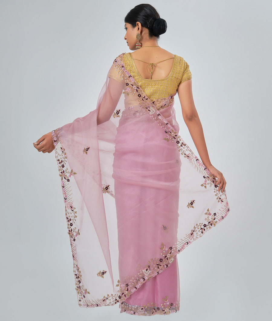Onion Pink Organza Saree Thread Embroidery With Sequence And Cutdana And And Pearl Work - kaystore.in