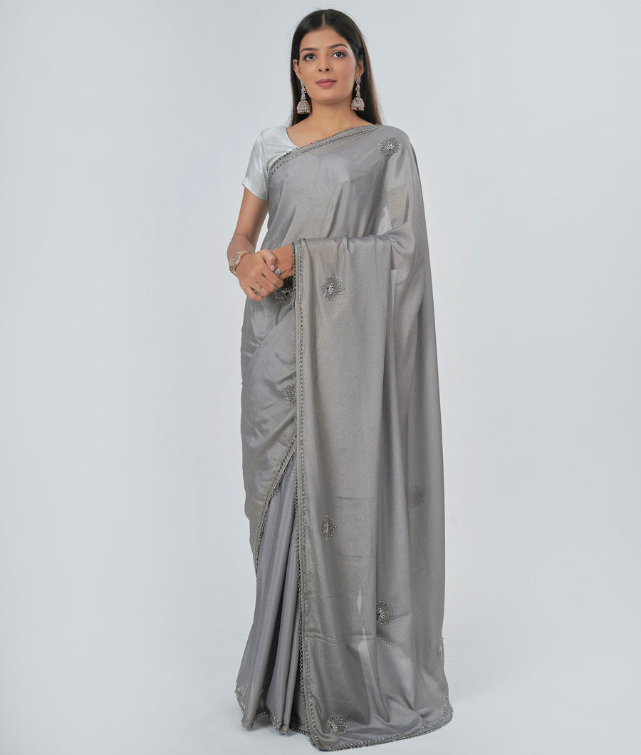 Grey Shimmer Saree Cutdana With Pearl And Jarkan Stone Work - kaystore.in