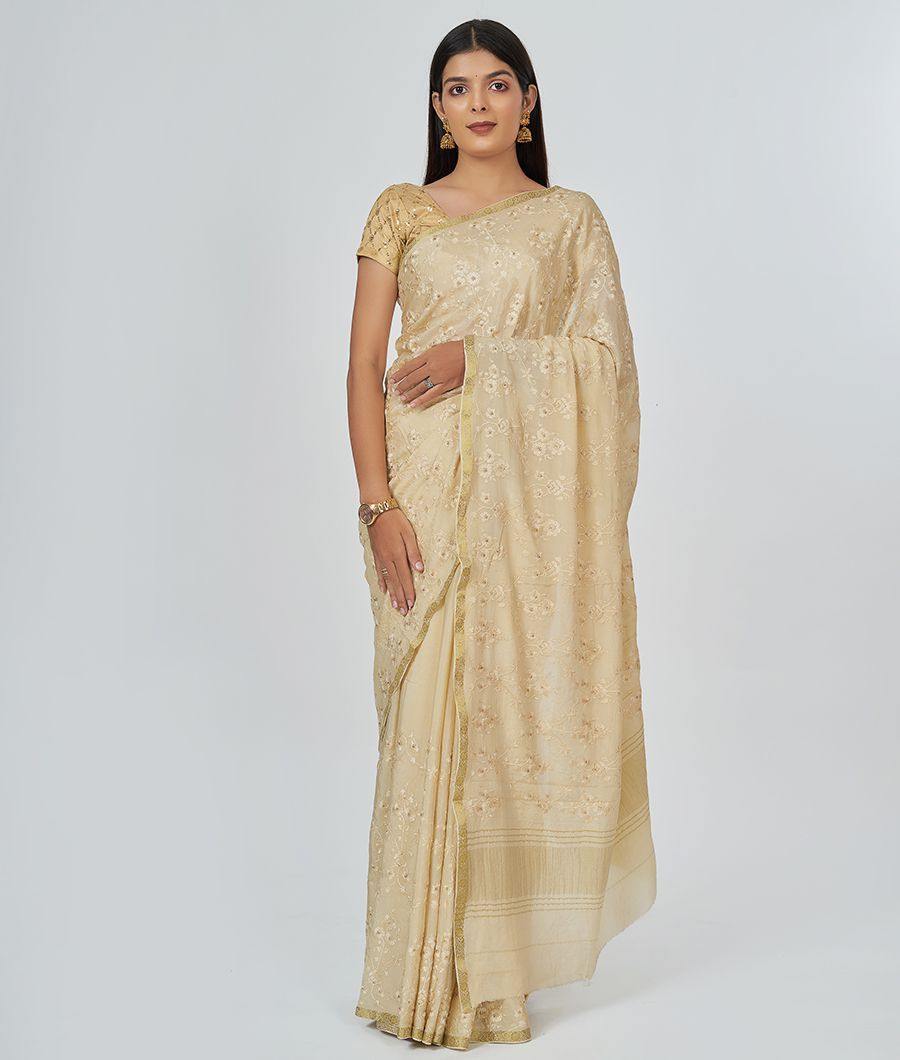 Cream Crepe Saree Thread Embroidery Work - kaystore.in