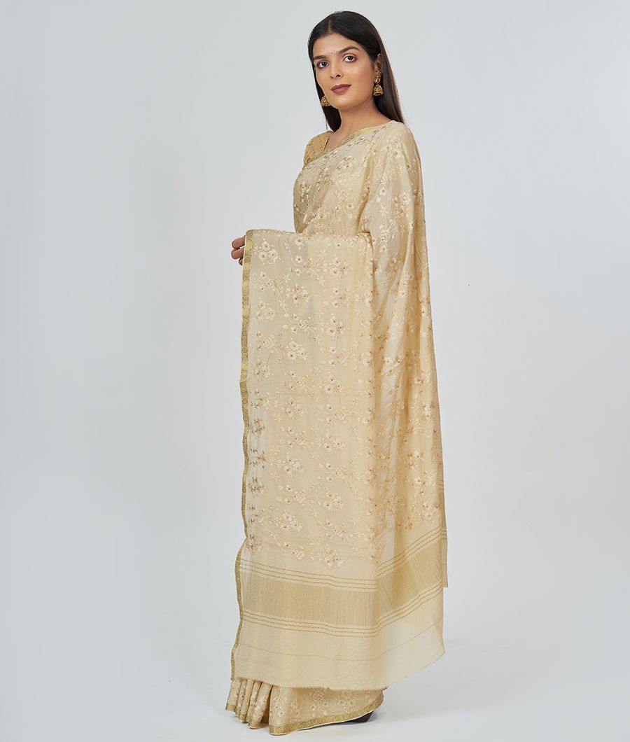 Cream Crepe Saree Thread Embroidery Work - kaystore.in