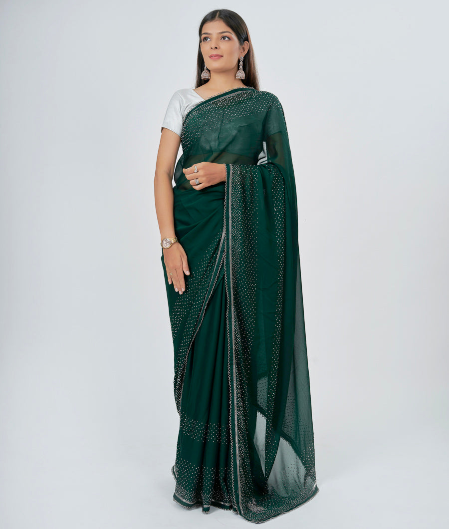 Bottle Green Georgette Saree Silver Oxidised Stone With Cutdana Work - kaystore.in