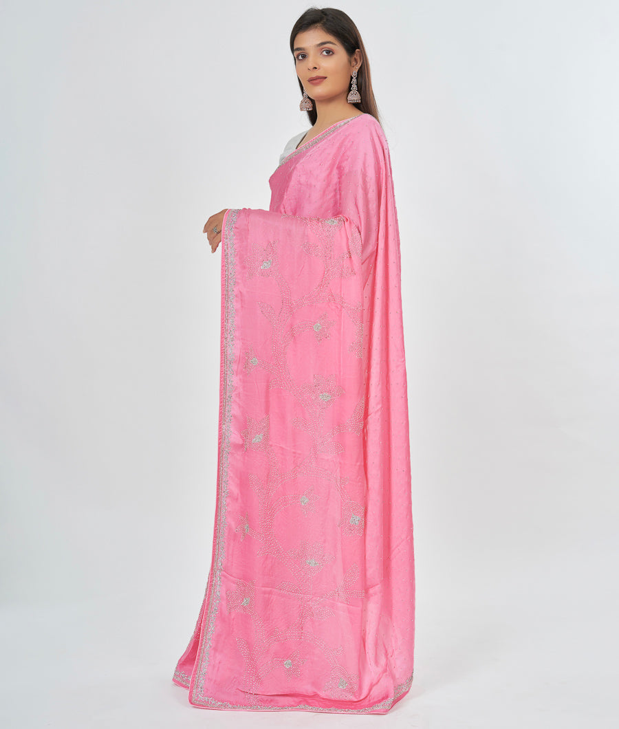 Pink Satin Saree Silver Stone With Cutdana Work - kaystore.in