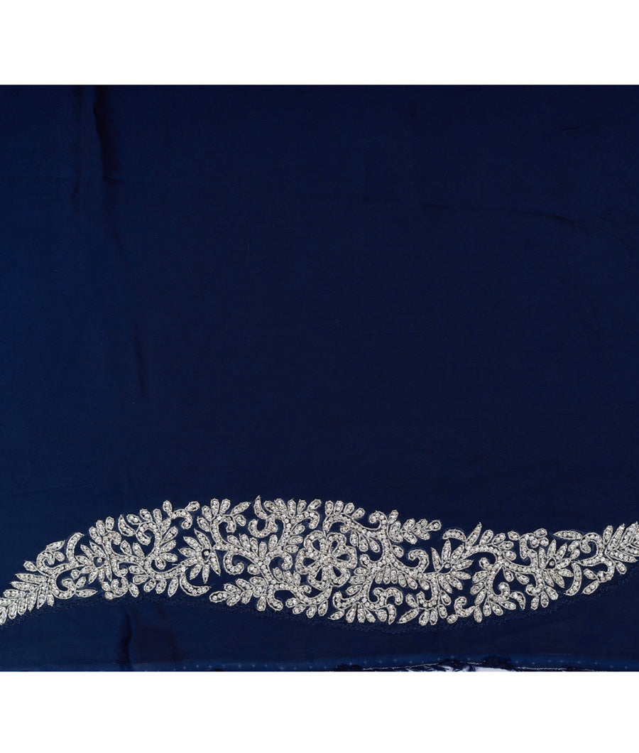 Navy Blue Satin Saree Silver Stone With Zardosi Work - kaystore.in