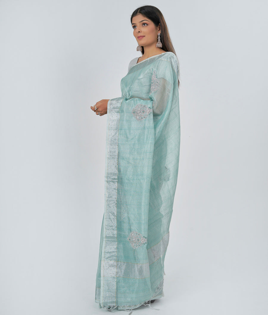 Green Tissue Saree Thread Embroidery With Cutdana And Stone Work - kaystore.in