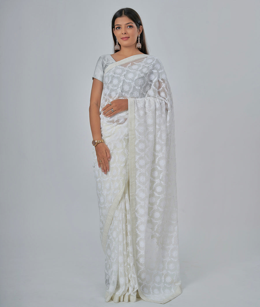Off White Georgette Saree Thread Embroidery With Pearl And Sequence And Cutdana Work - kaystore.in