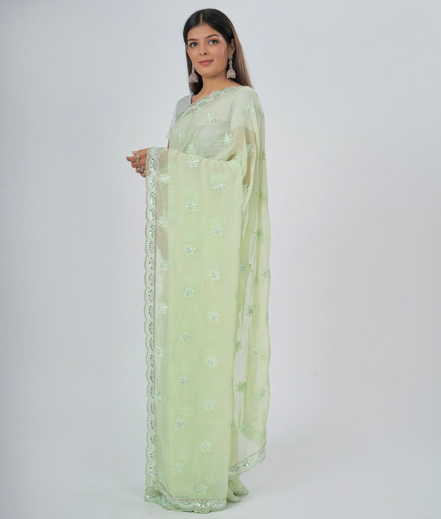 Pista Green Georgette Saree Thread Embroidery With Sequence And Cutdana And Mirror And Pearl Work - kaystore.in