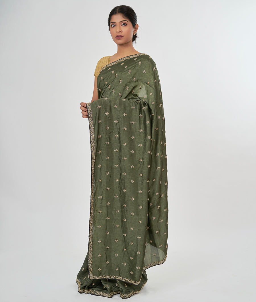 Olive Green Muga Silk Saree Cutdana With Pearl Work - kaystore.in