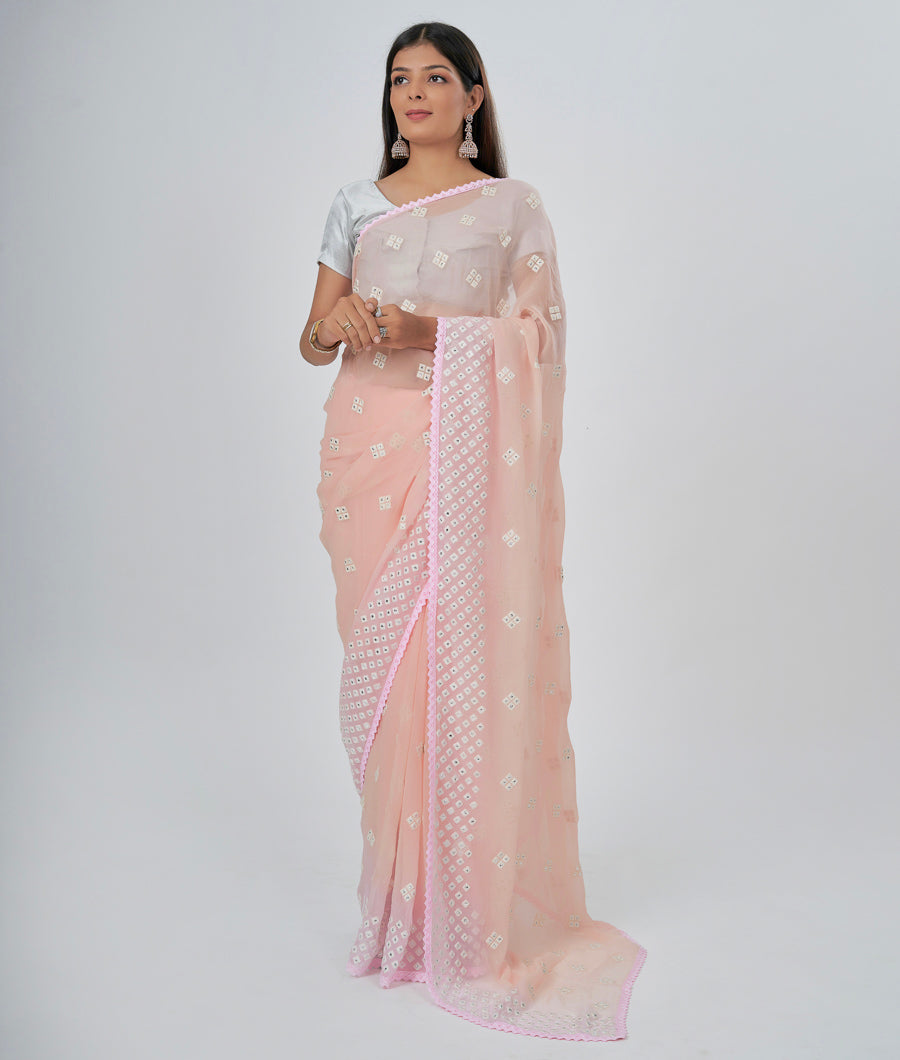 Lite Peach Georgette Saree Thread Embroidery With Mirror Work - kaystore.in
