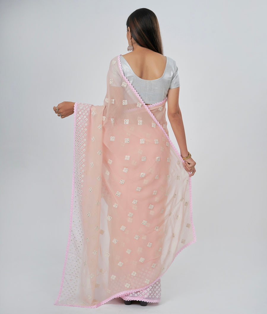 Lite Peach Georgette Saree Thread Embroidery With Mirror Work - kaystore.in