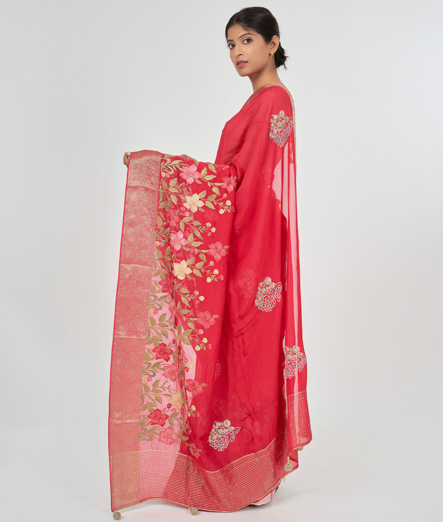 Red Organza Saree Thread Embroidery With Stone - kaystore.in