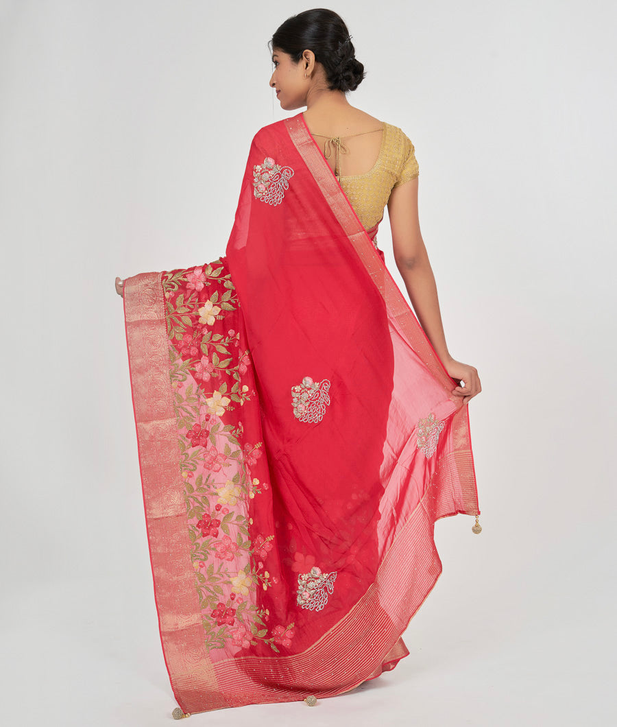 Red Organza Saree Thread Embroidery With Stone - kaystore.in