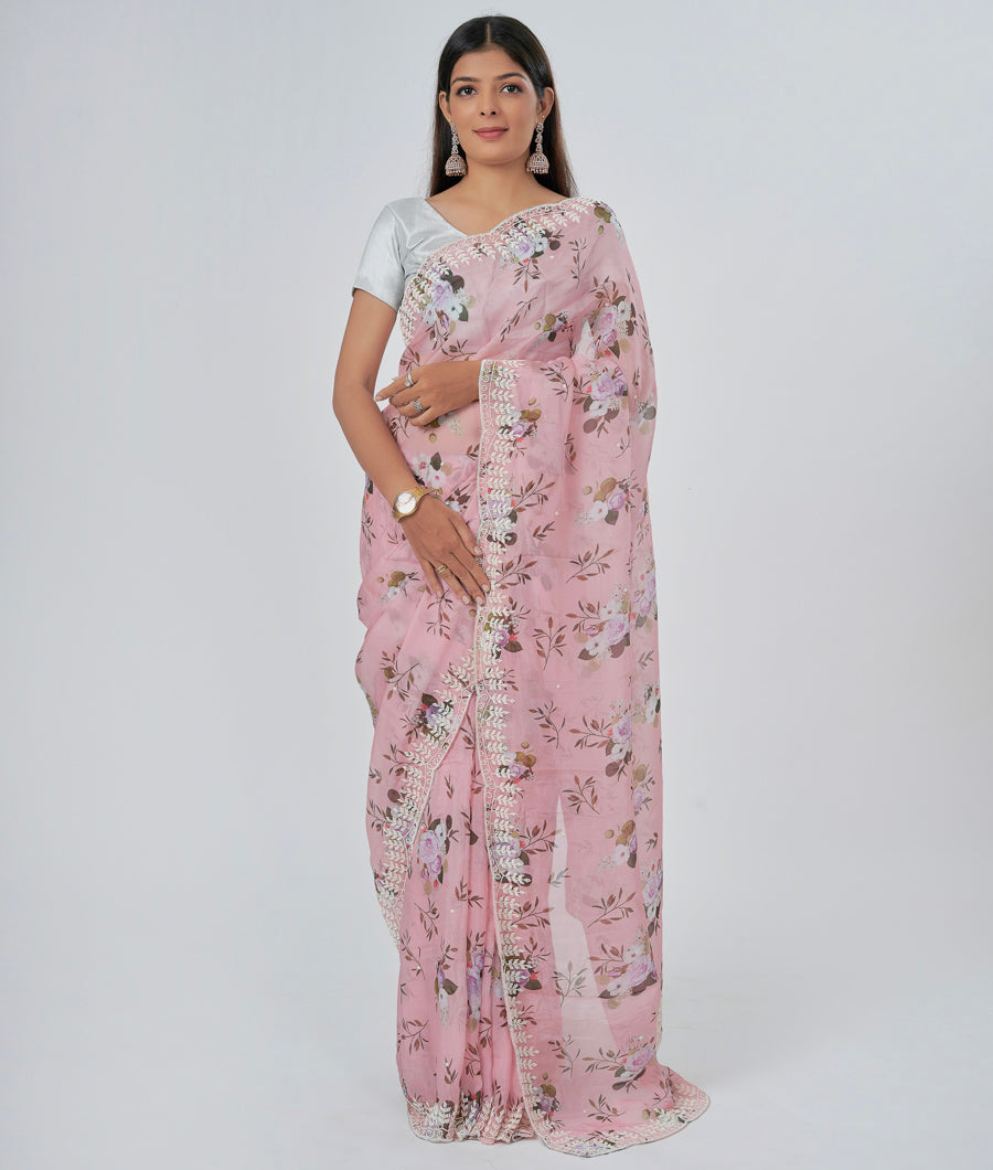 Peach Organza Saree Floral Print With Pearl Work - kaystore.in