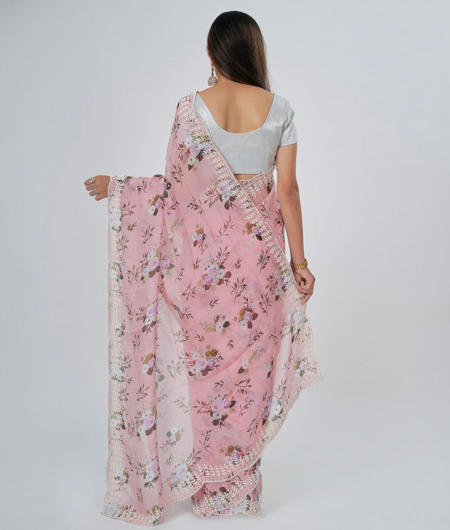 Peach Organza Saree Floral Print With Pearl Work - kaystore.in