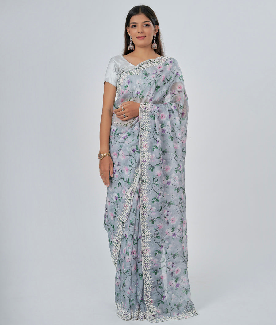 Grey Organza Saree Floral Print With Pearl Work - kaystore.in