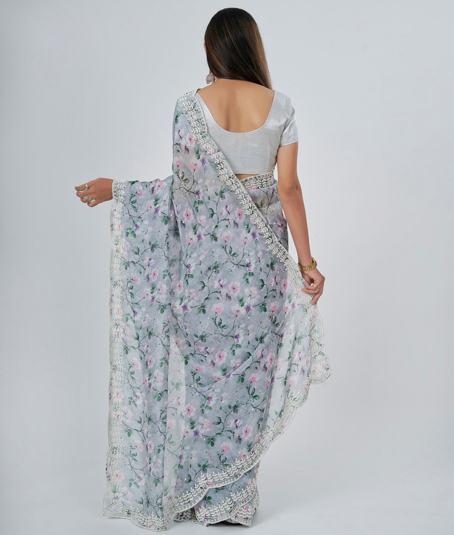 Grey Organza Saree Floral Print With Pearl Work - kaystore.in