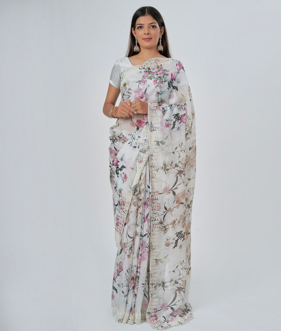Lite Grey Organza Saree Floral Print With Pearl Work - kaystore.in