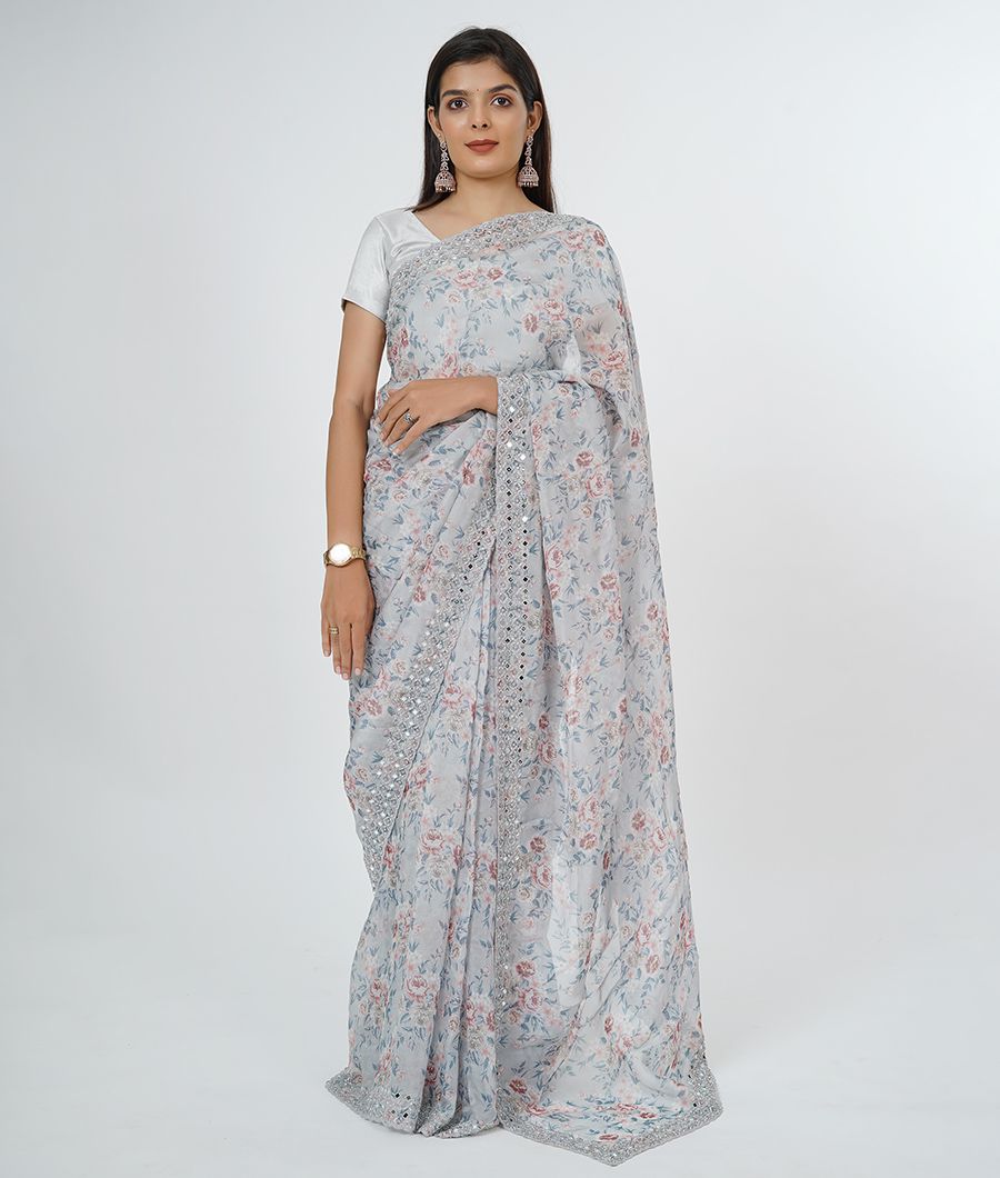 Grey Organza Saree Mirror With Pearl And Stone Work - kaystore.in