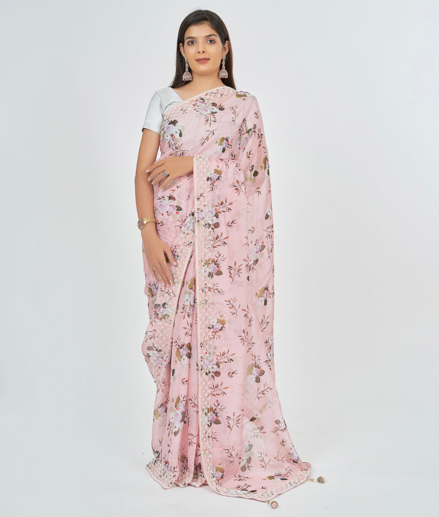 Pink Organza Saree Floral Print With Sequence And Pearl Work - kaystore.in