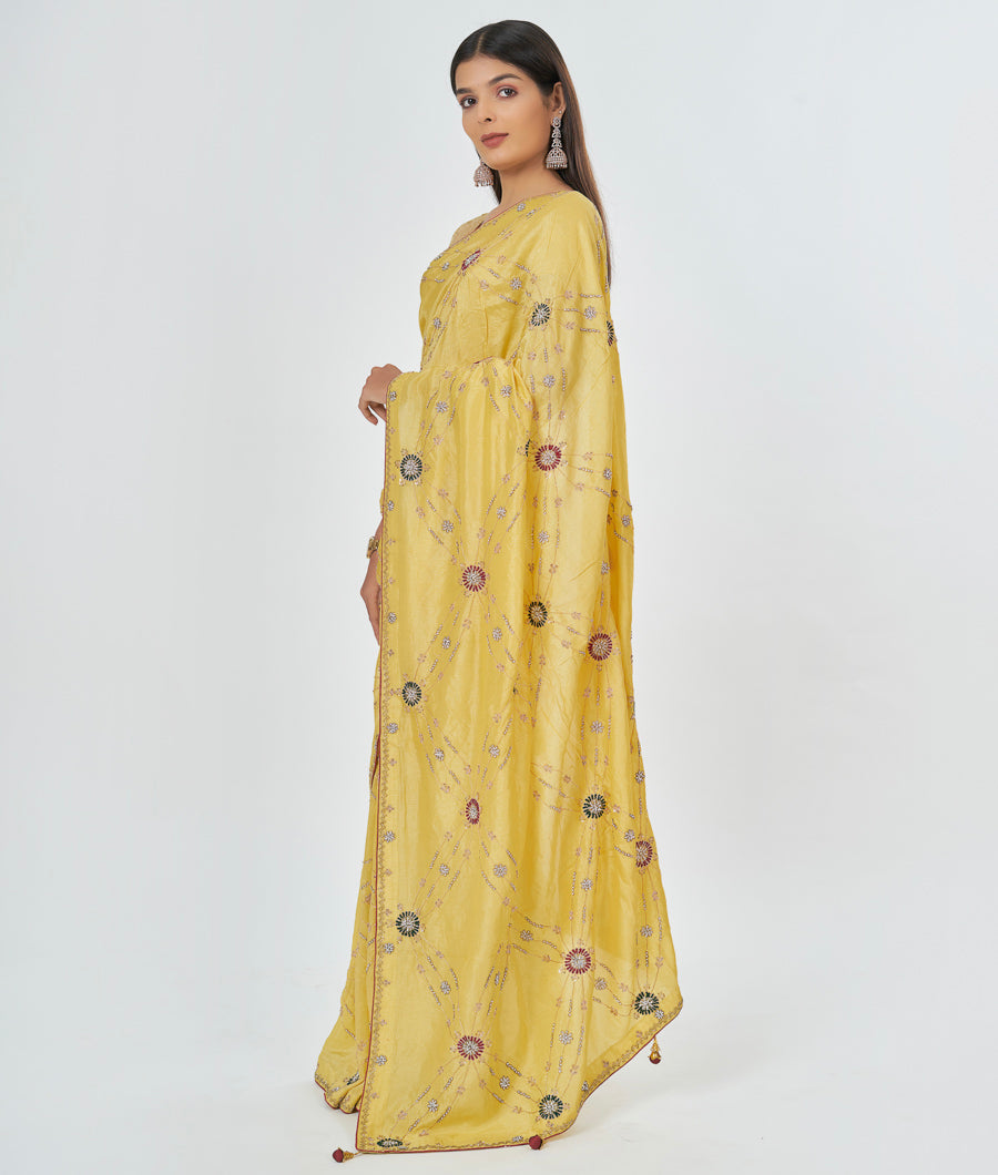 Yellow Muga Silk Saree Cutdana With Stone Work - kaystore.in