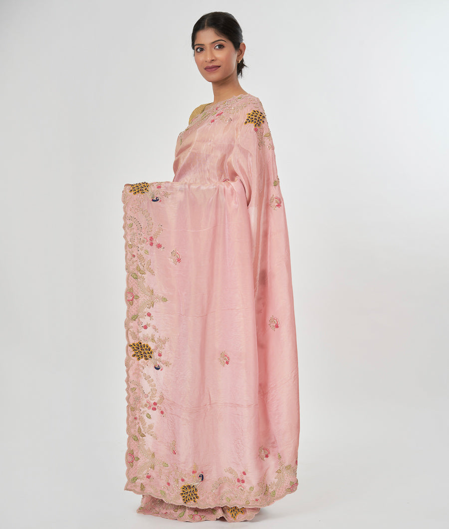 Onion Pink Tissue Saree Thread Embroidery With Sequence And Zardosi Work - kaystore.in
