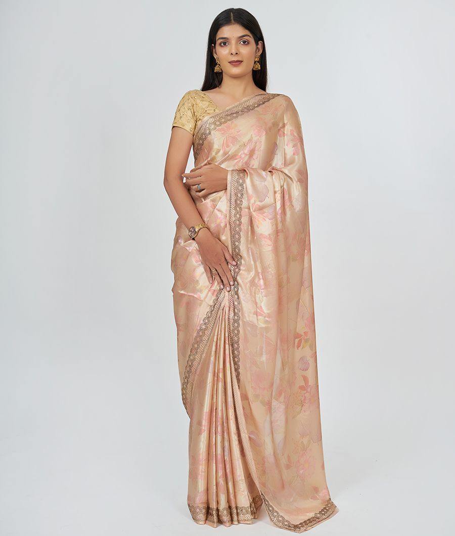 Peach Georgette Saree Floral Print With Stone Work - kaystore.in
