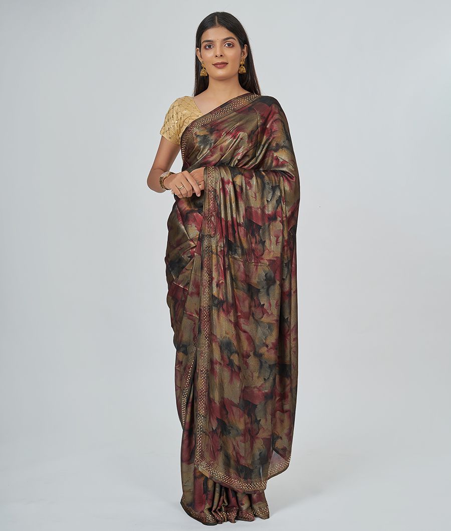 Brown Georgette Saree Floral Print With Stone - kaystore.in
