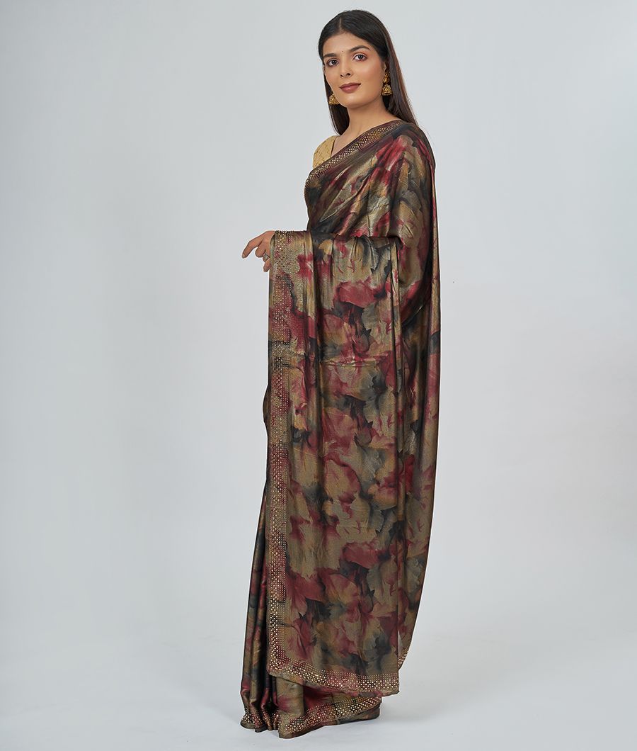 Brown Georgette Saree Floral Print With Stone - kaystore.in