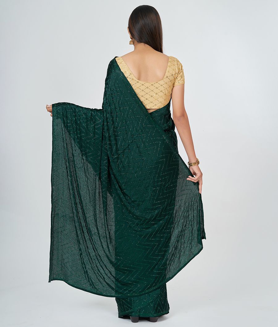 Bottle Green Crepe  Saree Stone Work - kaystore.in