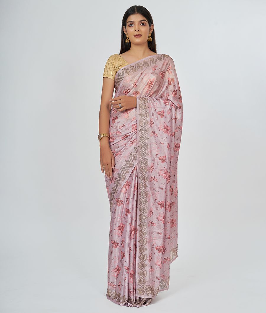Pink Georgette Saree Floral Print With Stone Work - kaystore.in