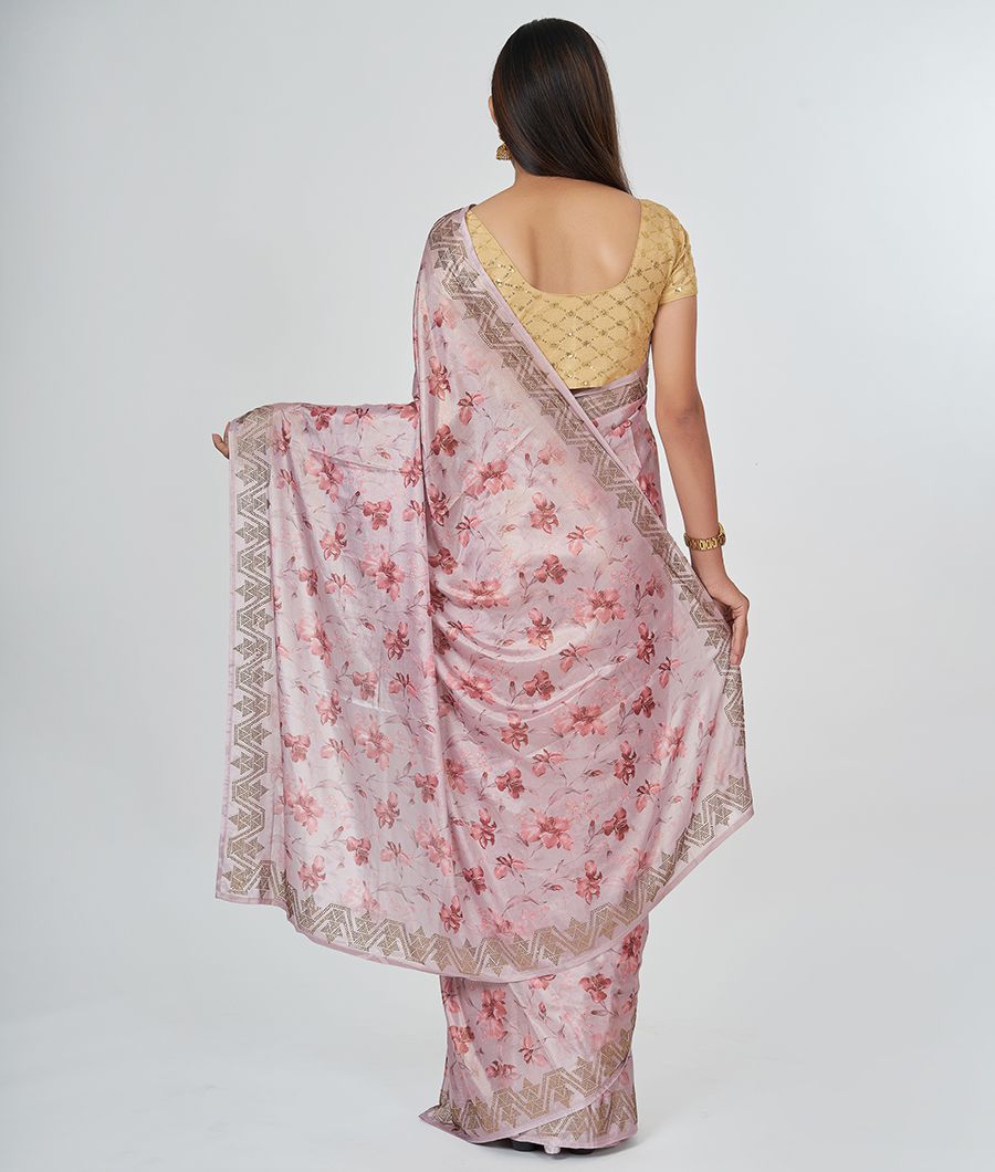 Pink Georgette Saree Floral Print With Stone Work - kaystore.in