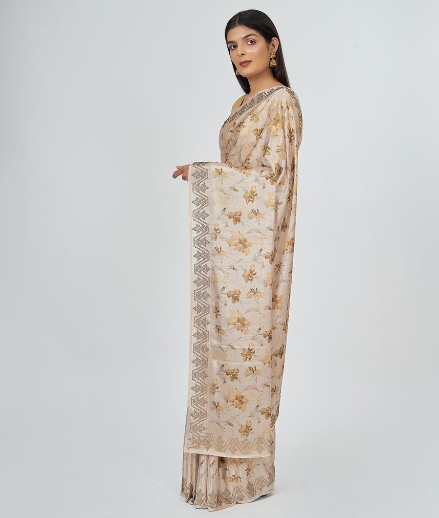 Gold Georgette Saree Floral Print With Stone Work - kaystore.in